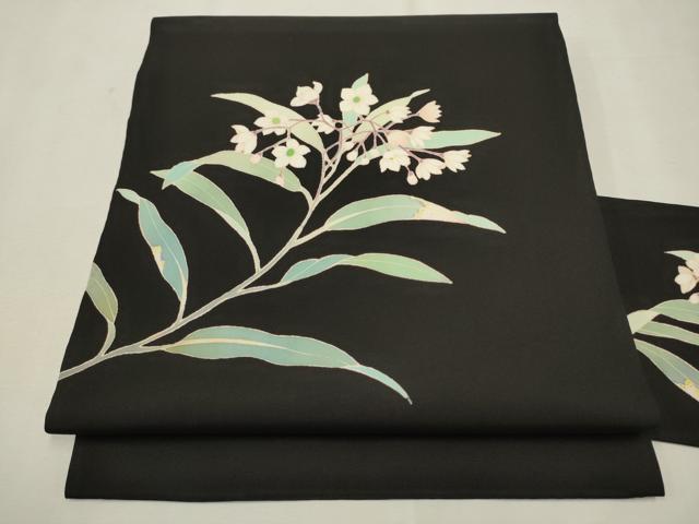 平和屋着物●塩瀬　九寸名古屋帯　友禅　作家物　枝花文　黒地　正絹　逸品　CAAT8040hy