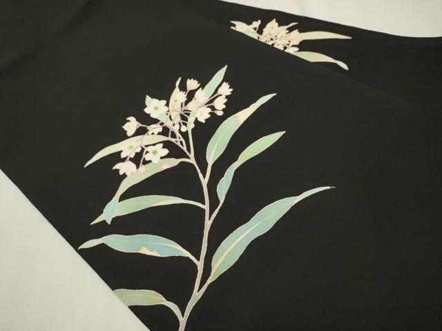 平和屋着物●塩瀬　九寸名古屋帯　友禅　作家物　枝花文　黒地　正絹　逸品　CAAT8040hy