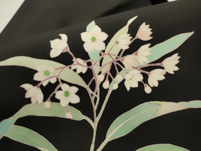 平和屋着物●塩瀬　九寸名古屋帯　友禅　作家物　枝花文　黒地　正絹　逸品　CAAT8040hy