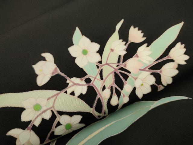 平和屋着物●塩瀬　九寸名古屋帯　友禅　作家物　枝花文　黒地　正絹　逸品　CAAT8040hy