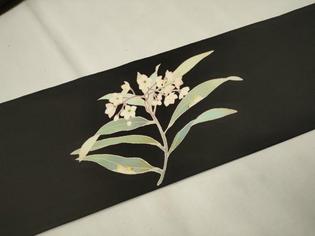 平和屋着物●塩瀬　九寸名古屋帯　友禅　作家物　枝花文　黒地　正絹　逸品　CAAT8040hy