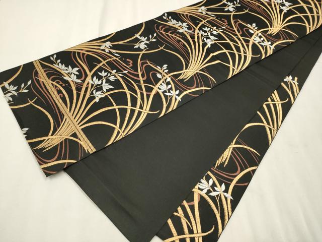 平和屋着物●六通柄 本袋帯 流水草花文 黒地 金糸 正絹 逸品 CAAT8055hy