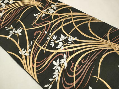 平和屋着物●六通柄 本袋帯 流水草花文 黒地 金糸 正絹 逸品 CAAT8055hy