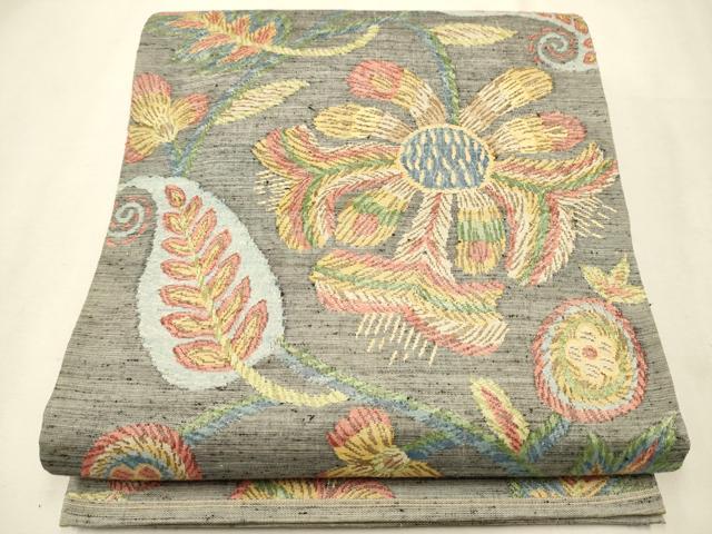 平和屋着物●六通柄袋帯 紬地 更紗花唐草文 正絹 逸品 CAAT8063hy
