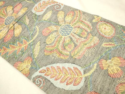平和屋着物●六通柄袋帯 紬地 更紗花唐草文 正絹 逸品 CAAT8063hy