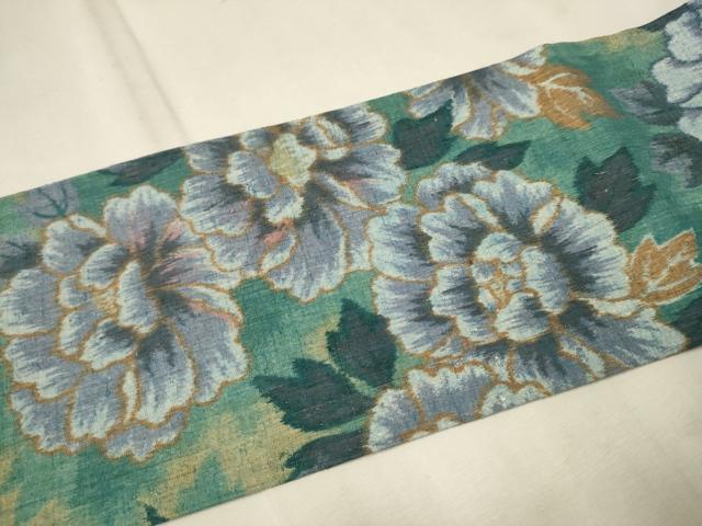 平和屋着物●小千谷紬　九寸名古屋帯　牡丹　正絹　逸品　CAAT8076hy