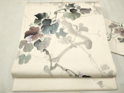 平和屋着物●塩瀬　九寸名古屋帯　作家物　手描き　葡萄蔦の葉文　正絹　逸品　CAAT8093hy