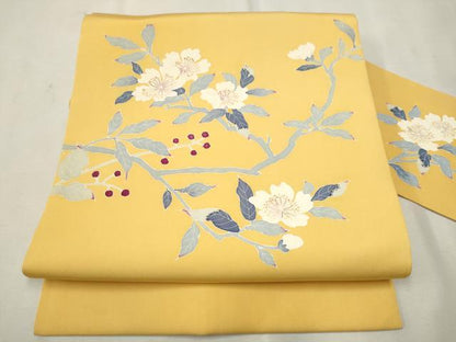 平和屋着物●塩瀬　九寸名古屋帯　友禅　枝花文　正絹　逸品　CAAT8095hy