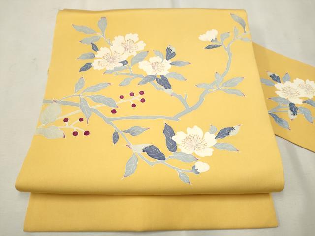 平和屋着物●塩瀬　九寸名古屋帯　友禅　枝花文　正絹　逸品　CAAT8095hy
