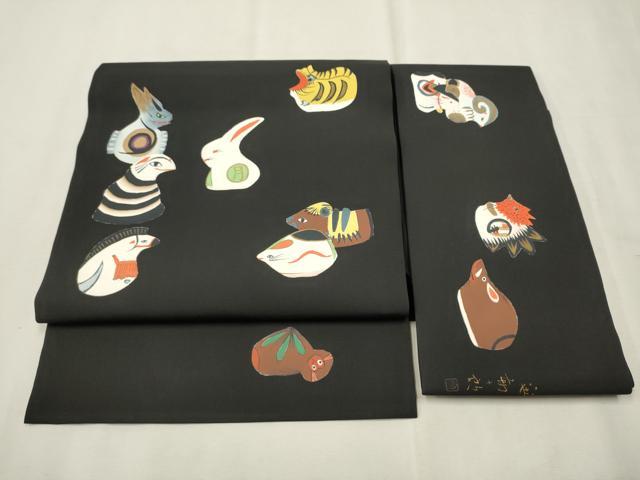 平和屋着物●塩瀬　つけ帯　作家物　手描き　十二支　黒地　金彩　正絹　逸品　CAAT8112hy
