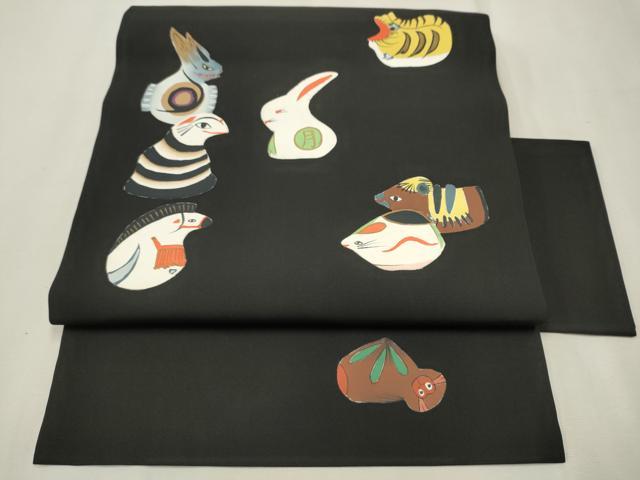 平和屋着物●塩瀬　つけ帯　作家物　手描き　十二支　黒地　金彩　正絹　逸品　CAAT8112hy