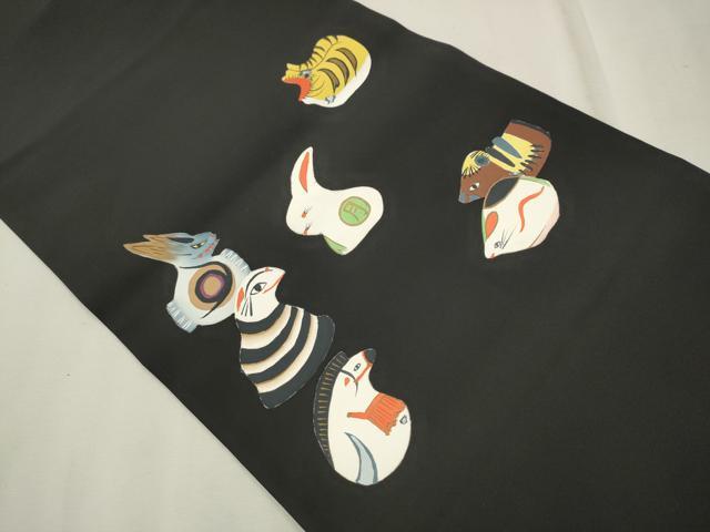 平和屋着物●塩瀬　つけ帯　作家物　手描き　十二支　黒地　金彩　正絹　逸品　CAAT8112hy