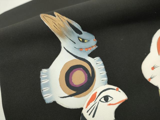 平和屋着物●塩瀬　つけ帯　作家物　手描き　十二支　黒地　金彩　正絹　逸品　CAAT8112hy