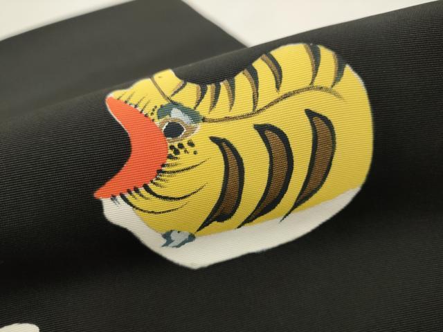 平和屋着物●塩瀬　つけ帯　作家物　手描き　十二支　黒地　金彩　正絹　逸品　CAAT8112hy