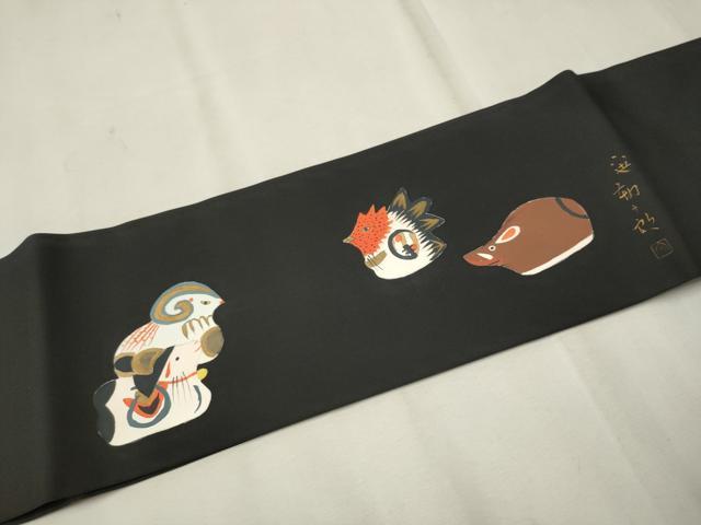 平和屋着物●塩瀬　つけ帯　作家物　手描き　十二支　黒地　金彩　正絹　逸品　CAAT8112hy