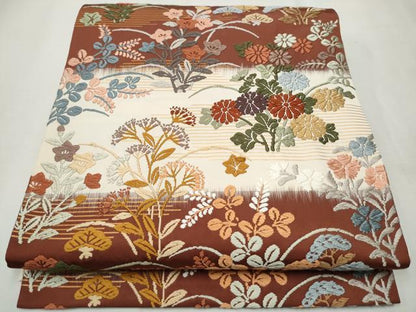 平和屋着物●六通柄袋帯 唐錦 能装野花文 正絹 逸品 CAAT8142hy
