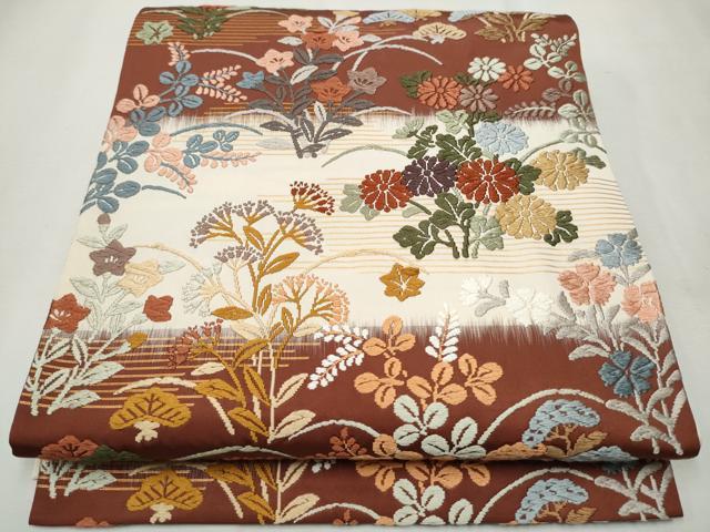 平和屋着物●六通柄袋帯 唐錦 能装野花文 正絹 逸品 CAAT8142hy