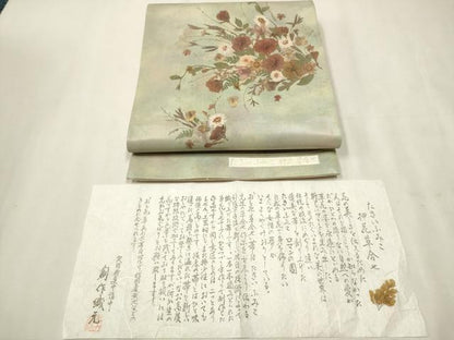 平和屋着物●押し花作家 たきいふみこ 太鼓柄袋帯 押花草花合わせ 引箔 証紙付き 正絹 逸品 CAAT8143hy