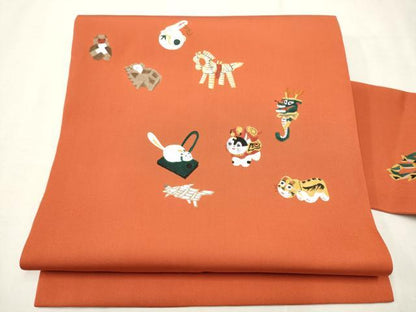 平和屋着物●塩瀬 九寸名古屋帯 手描き 十二支 正絹 逸品 CAAT8163hy