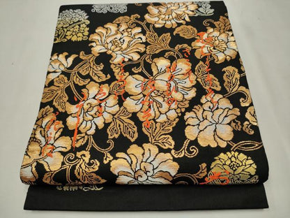 平和屋着物●六通柄袋帯 詩歌 花唐草文 黒地 金糸 正絹 逸品 CAAT8185hy