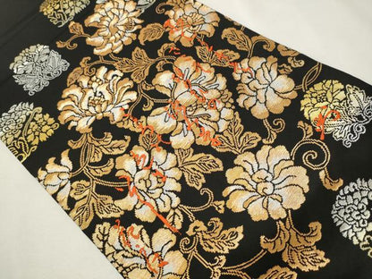 平和屋着物●六通柄袋帯 詩歌 花唐草文 黒地 金糸 正絹 逸品 CAAT8185hy