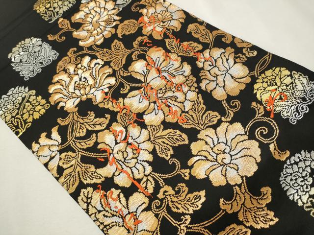 平和屋着物●六通柄袋帯 詩歌 花唐草文 黒地 金糸 正絹 逸品 CAAT8185hy