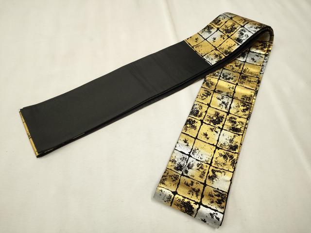 平和屋着物●男性　角帯　変わり市松文様　黒地　金銀彩　正絹　逸品　CAAT8350hy