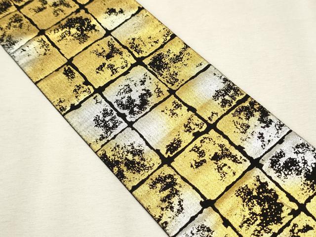 平和屋着物●男性　角帯　変わり市松文様　黒地　金銀彩　正絹　逸品　CAAT8350hy