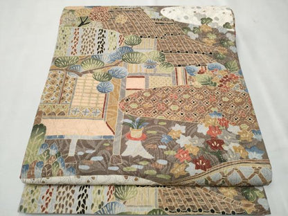 平和屋着物●博多織　鵬翔 　全通柄袋帯　纐纈　風景草花文　金通し地　正絹　逸品　CAAT8366hy