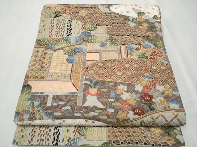 平和屋着物●博多織　鵬翔 　全通柄袋帯　纐纈　風景草花文　金通し地　正絹　逸品　CAAT8366hy