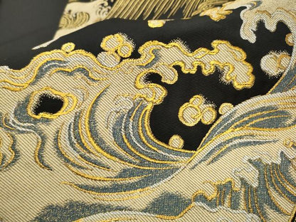 平和屋着物●創作 爪掻き本綴れ つけ帯 流水文 黒地 金糸 正絹 逸品 CAAT8388hy