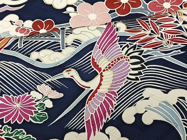 振袖 金駒刺繍 裄67.5 金彩 御所車 鳥 素敵なデザイン AK-6154 金駒刺繍 豪華金彩 鳳凰 黒留袖 裄67 五つ紋 比翼付き 正絹 AK