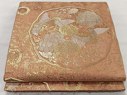 平和屋着物◎六通柄袋帯 船場牡丹孔雀文 正絹 逸品 CAAT8721kb