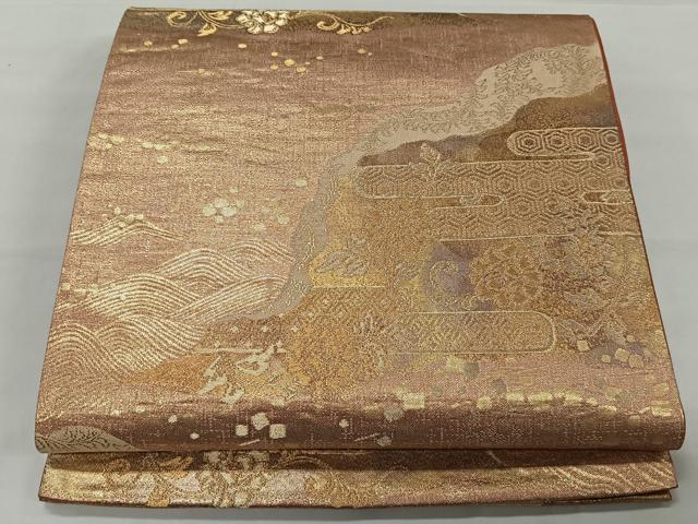 平和屋着物◎六通柄袋帯 エ霞風景文 金糸 正絹 逸品 CAAT8736kb