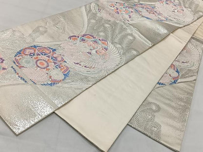 平和屋着物◎六通柄袋帯 唐織 流水孔雀華紋 銀糸 正絹 逸品 CAAT8749kb