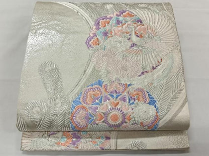 平和屋着物◎六通柄袋帯 唐織 流水孔雀華紋 銀糸 正絹 逸品 CAAT8749kb