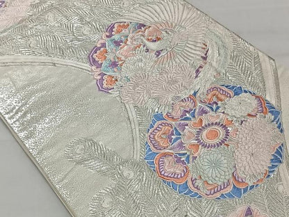 平和屋着物◎六通柄袋帯 唐織 流水孔雀華紋 銀糸 正絹 逸品 CAAT8749kb