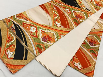 平和屋着物◎六通柄袋帯 唐織 松皮菱花文 黒地 金糸 正絹 逸品 CAAT8750kb