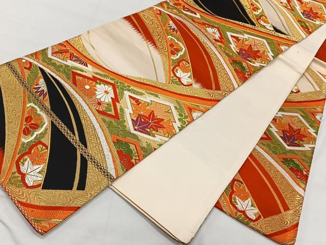 平和屋着物◎六通柄袋帯 唐織 松皮菱花文 黒地 金糸 正絹 逸品 CAAT8750kb
