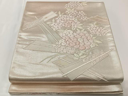 平和屋着物◎太鼓柄袋帯 総刺繍 紫陽花 銀糸 正絹 逸品 CAAT8759kb