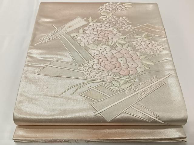 平和屋着物◎太鼓柄袋帯 総刺繍 紫陽花 銀糸 正絹 逸品 CAAT8759kb