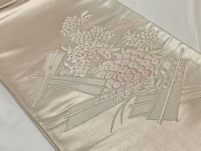 平和屋着物◎太鼓柄袋帯 総刺繍 紫陽花 銀糸 正絹 逸品 CAAT8759kb