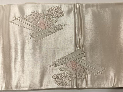 平和屋着物◎太鼓柄袋帯 総刺繍 紫陽花 銀糸 正絹 逸品 CAAT8759kb
