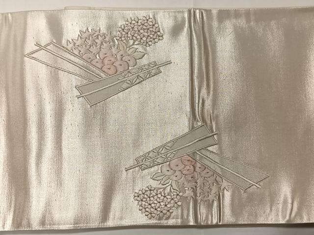 平和屋着物◎太鼓柄袋帯 総刺繍 紫陽花 銀糸 正絹 逸品 CAAT8759kb