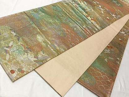 平和屋着物◎六通柄袋帯 エ霞飛鶴文 金糸 正絹 逸品 CAAT8762kb