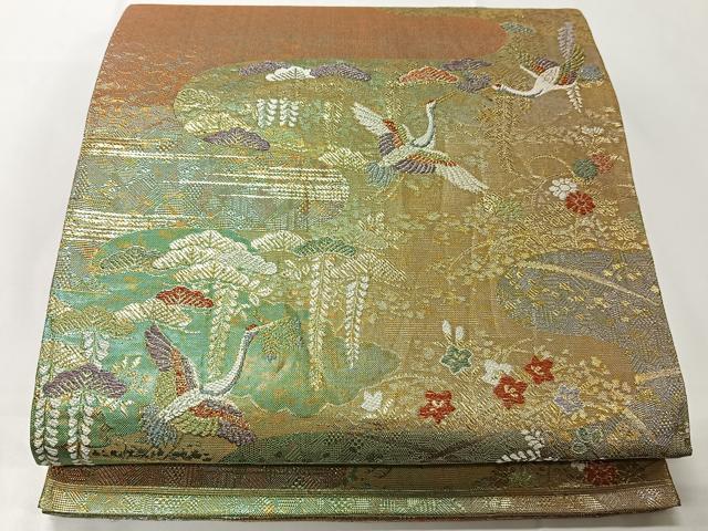 平和屋着物◎六通柄袋帯 エ霞飛鶴文 金糸 正絹 逸品 CAAT8762kb
