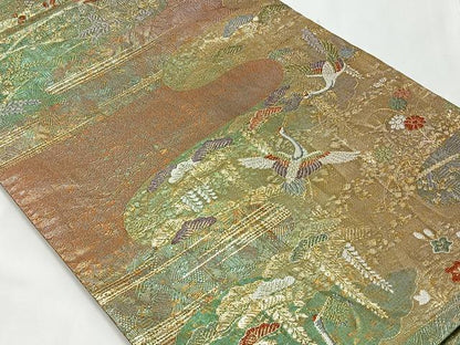 平和屋着物◎六通柄袋帯 エ霞飛鶴文 金糸 正絹 逸品 CAAT8762kb