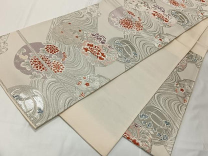 平和屋着物◎六通柄袋帯 流水花文 銀糸 正絹 逸品 CAAT8767kb