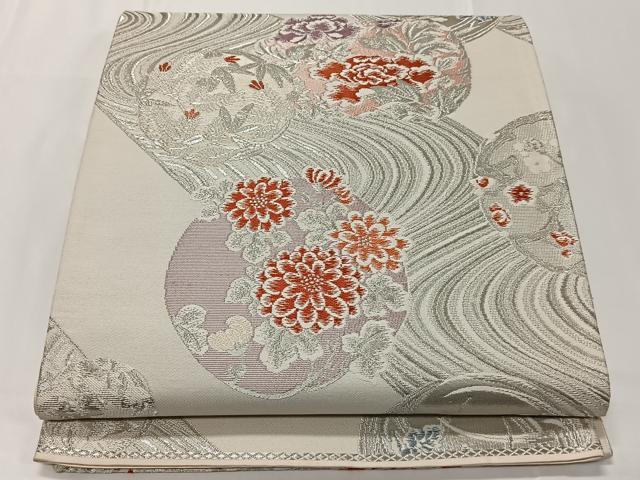 平和屋着物◎六通柄袋帯 流水花文 銀糸 正絹 逸品 CAAT8767kb