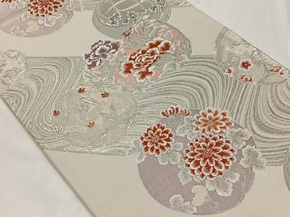 平和屋着物◎六通柄袋帯 流水花文 銀糸 正絹 逸品 CAAT8767kb